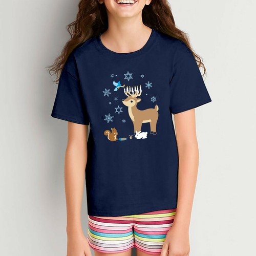 Woodland Winter Hanukkah - Cute Animals Cartoon Holiday Youth T Shirt - Picture 8 of 24