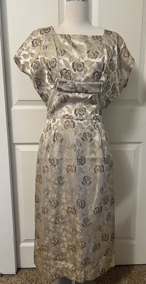 Vintage 40s Gold Floral Metallic Cocktail Dress Size S/M