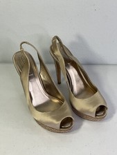 BCBG MAXAZRIA Gold Colored W/ Bling Satin Base Stilettos. 5  Heels. Size 8.5.