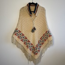 Vintage 60  s Wool knit Boho Style Tassel Fringed Poncho