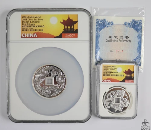 Set of 2: 2018 China DRAGON & PHOENIX .999 Silver Medals NGC PF70 Ultra Cam +COA