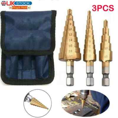 3-teiliges HSS Stufenbohrer Großkegel Titan Bit Set Metall Lochschneider + Beutelset