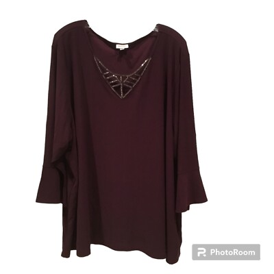 Avenue Woman Plus Size 30/32 Maroon 3/4 Sleeve V-Neck Blouse 4XL NWT (MSRP $55)