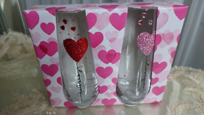 Stemless Champagne Set/ 2 Drinking Glasses Hearts Wedding Glitter ''LoveYou'' NEW