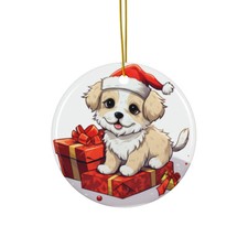 Hanging Ceramic Christmas Tree Ornament - Pumik Puppy Drawing Design