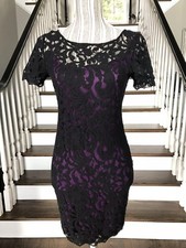 Sanctuary Women’s Black Lace Short Sleeve Party Cocktail Dress W Purple Lining S