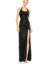 Mac Duggal SEQUINED HALTER STRAP LOW SIDE KNOT GOWN BLACK SIZE 0 (11279)