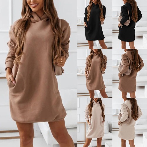 Womens Hoodie Long Sleeve Sweater Dress Ladies Casual Loose Pockets Hooded  Dress | eBay