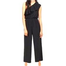 H M Black Ruffled One Shoulder Wide Leg Jumpsuit Size 4.