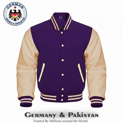 Varsity Letterman Purple Wool Body Genuine Cream Leather Sleeves Baseball Jacket