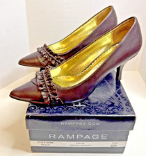 VTG Rampage Rajah Pointed Toe Ruffle Kitten Heels Brown Leather New In Box S 6.5
