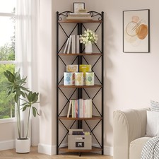 5Tier Corner Shelf Stand 55.2" Tall Bookshelf Rustic Brown Storage Bookcase