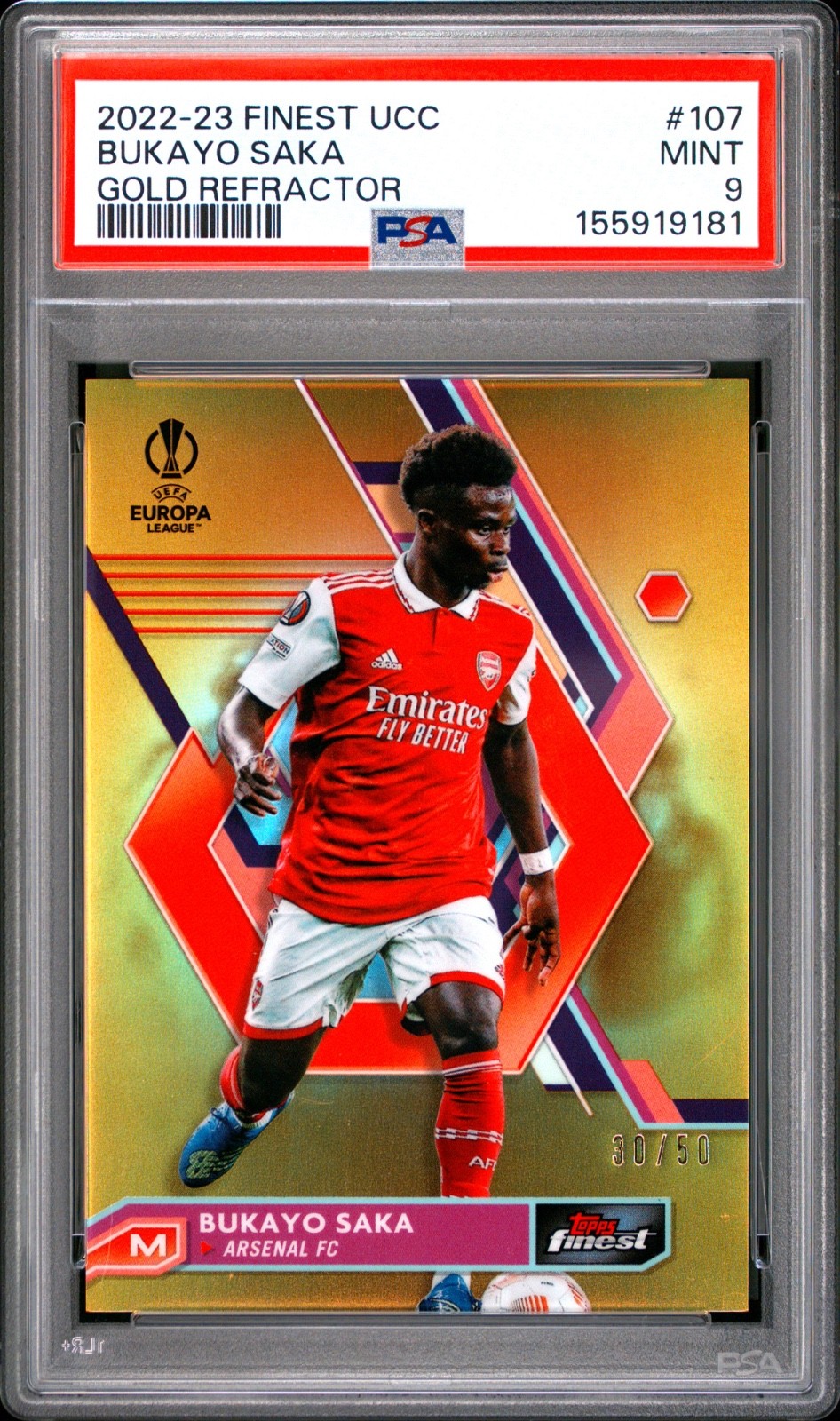 2022-23 Topps Finest UCC Bukayo Saka #107 Gold Refractor /50 PSA 9