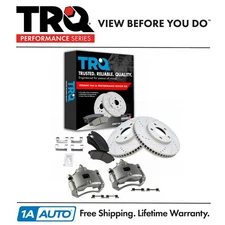 TRQ Front Ceramic Pads Performance Drilled Slotted Zinc Coated Rotors & Calipers