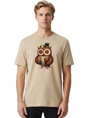 Steampunk-Owl Mens Graphic Tee, 100% Cotton, Casual Summer Wear