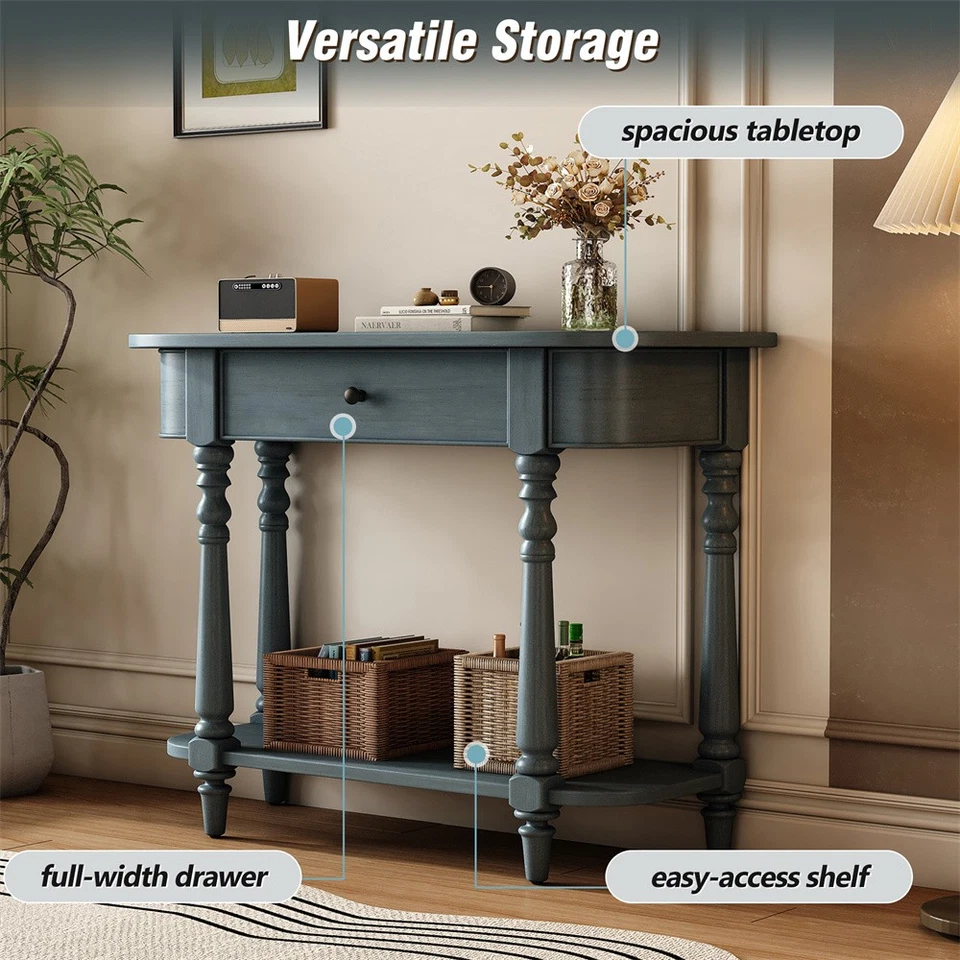 Navy Retro Narrow Console Table with Curved Corner Drawer and Open Shelf - Image 4 of 4