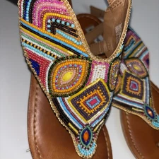 Not Rated Genuine Leather Sandals Geometric Micro Seed Beaded Flip Flops Flats 7