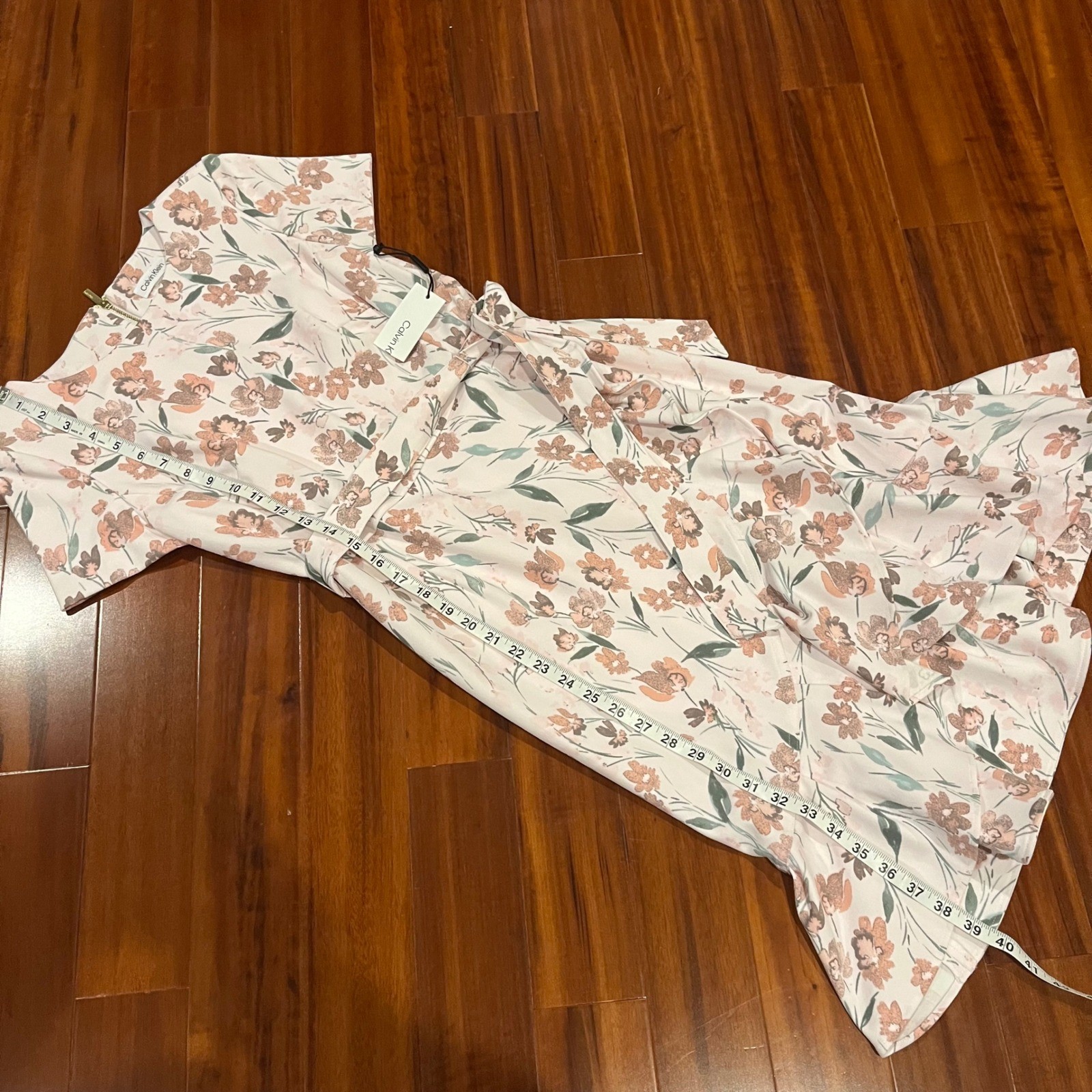 Calvin Klein Floral Dress Midi Belt Blush Light Pink Multi Shoulder Pad New Sz 4 thumbnail 8