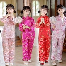 Chinese Traditional Tang Suit Kids Satin Girls Garment Two Piece Set Tops Pants