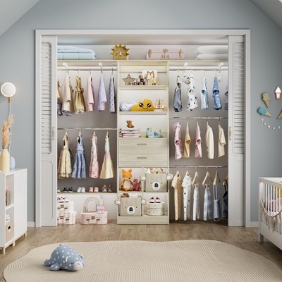 96 in Closet System with Wooden Drawers & Cube Storage Organizer & Hanging Rods