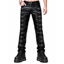 Men's Black Faux Leather Gothic Punk Buckle Strap Biker Pants Trousers