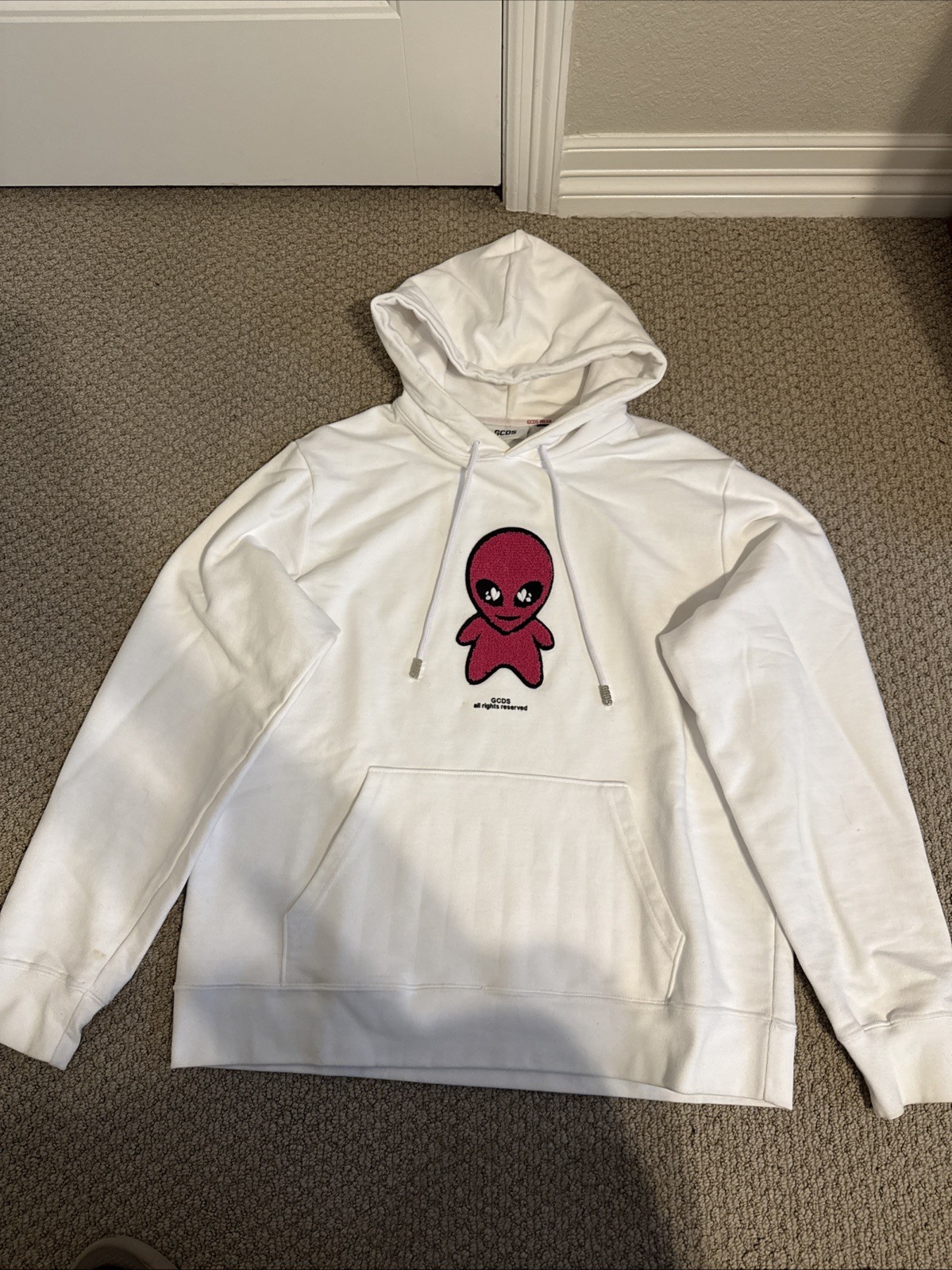 GCDS White Wirdo Cotton Alien-patch Drawstring Ho… - image 1