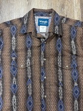 Wrangler Western Pearl Snap Mens M Long Sleeve Button Shirt Brown Aztec Stripe