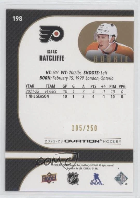 2022 Ovation Rookies Standing Gold Spectrum /250 Isaac Ratcliffe #198 Rookie RC - Image 2 of 2