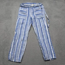 C&C California Pants Womens Medium Blue Striped Pull On Tie Waist 100% Linen