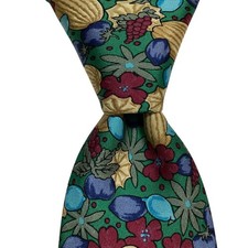 HERMES 7358 PA Mens Silk Necktie FRANCE Luxury FLORAL FRUIT Green/Multi EUC Rare