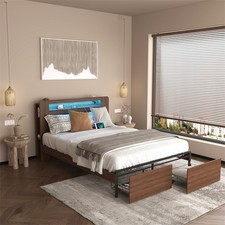 Queen Size Wooden Bed Frame w/LED Light Headboard,Bookshelf  2 Storage Drawers