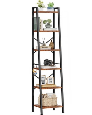 6 Tier Ladder Shelf Bookcase, Tall Ladder Bookshelf Narrow with 2 Hooks, Indu...