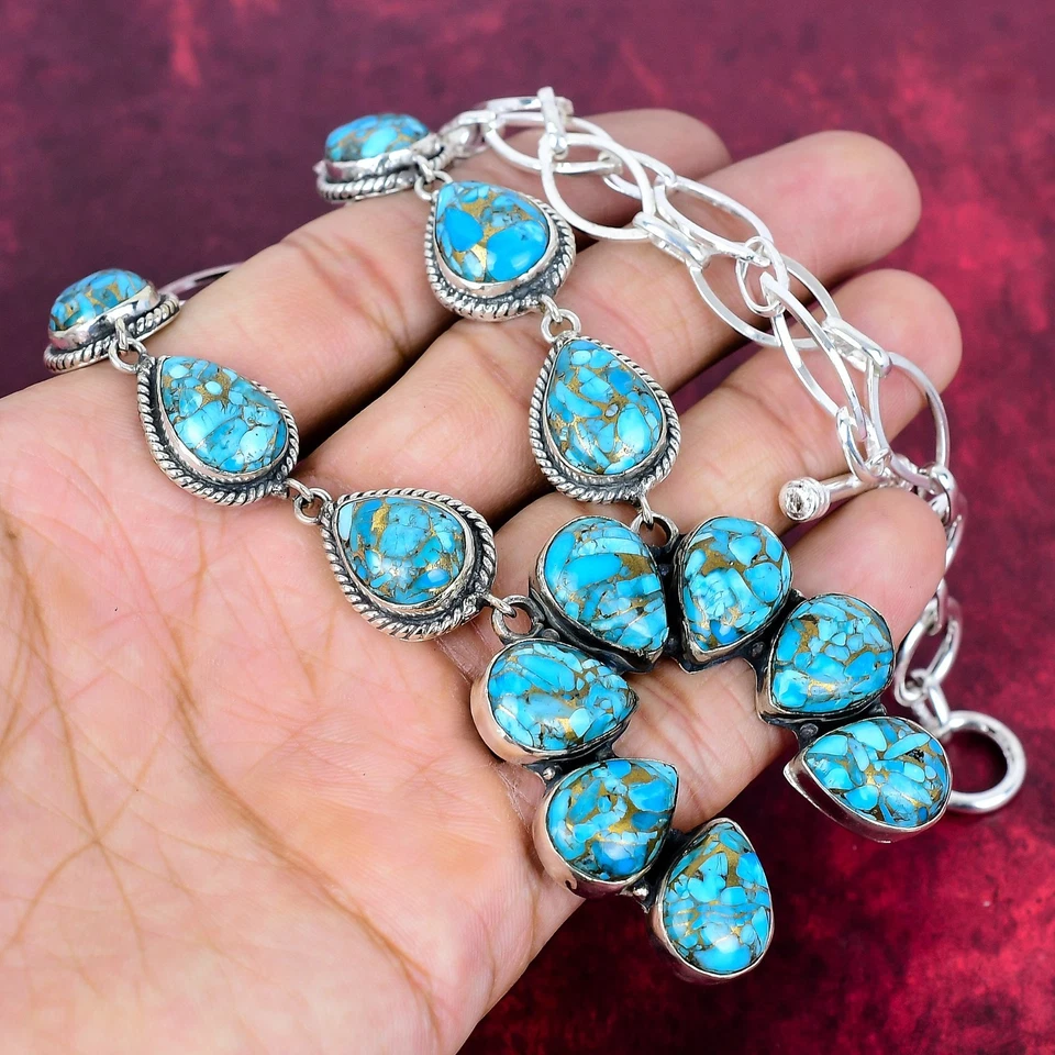 Copper Blue Turquoise Gemstone Handmade 925 Sterling Silver Jewelry Necklace - Image 2 of 4
