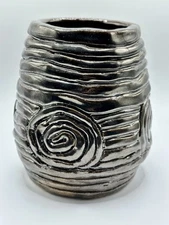Hand Built Chocolate Brown Metallic Glaze Coil Pottery Vase - Signed - 5 1/2” 