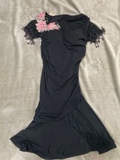 Chacott Ballroom Latin Dance Dress Black L Beaded Pink Flower Decor Adult