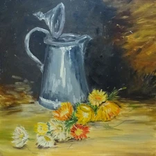 Vintage Primitive Original Naive Still Life Oil Painting Pewter Pitcher 20x16