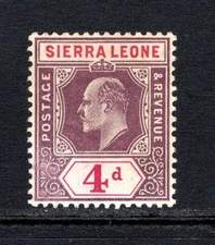 (909)  Sierra Leone KEVII 1904-05 (MCA Invert) 4d Purple & Rosine SG92w VLM/Mint