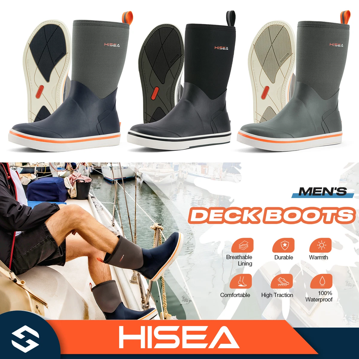 HISEA Men's Mid-Calf Deck Rain Boots Waterproof Camping Fishing Garden Mud  Boots