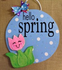 HELLO SPRING Tulip Pink Sign Wood Plaque Hand Crafted Door Blue Circle
