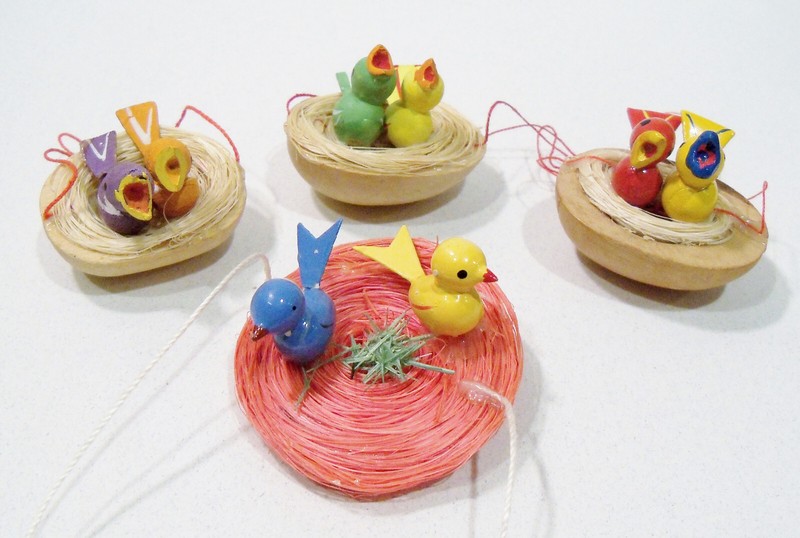 Birds Half Egg and Straw Nest Wood Wooden Hand Painted Easter Vintage Ornaments