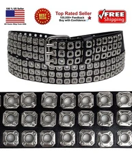Silver 3Holes Rows Square Grommets Black Bonded Leather Belt