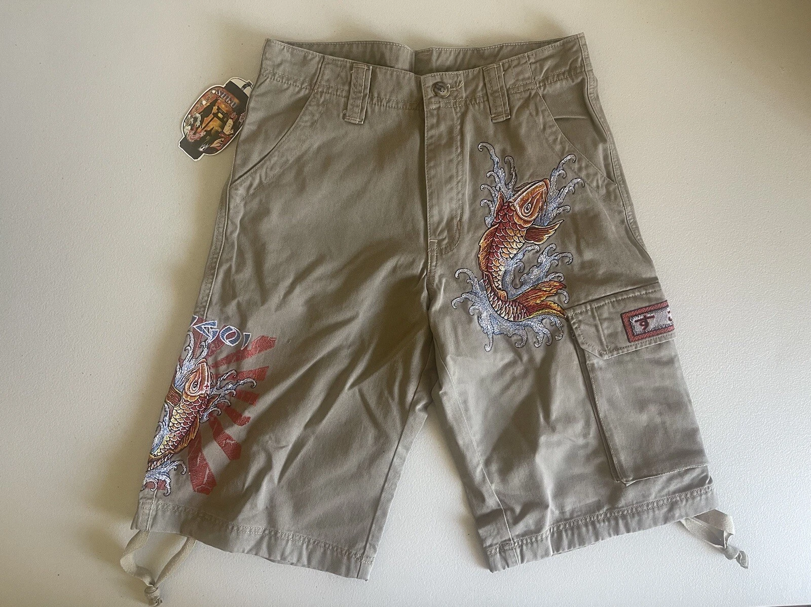 Sugoi Men’s Cargo Pants Beige Size 28 Embroided Japan Coy Fish New With Tags