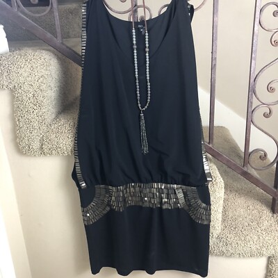 FORA  Black Bronze Metal Open Sleeve V Neck Sexy Vegas Mini Dress Size Medium
