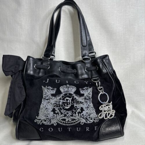 Juicy Couture Daydreamer Scottie Dog Stras Czarna torba tote Torebka Vintage Kokarda - Zdjęcie 1 z 22