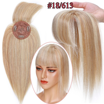 Thick Clip In Real Human Hair Topper Hairpiece Toupee Wig Bangs Highlight Blonde