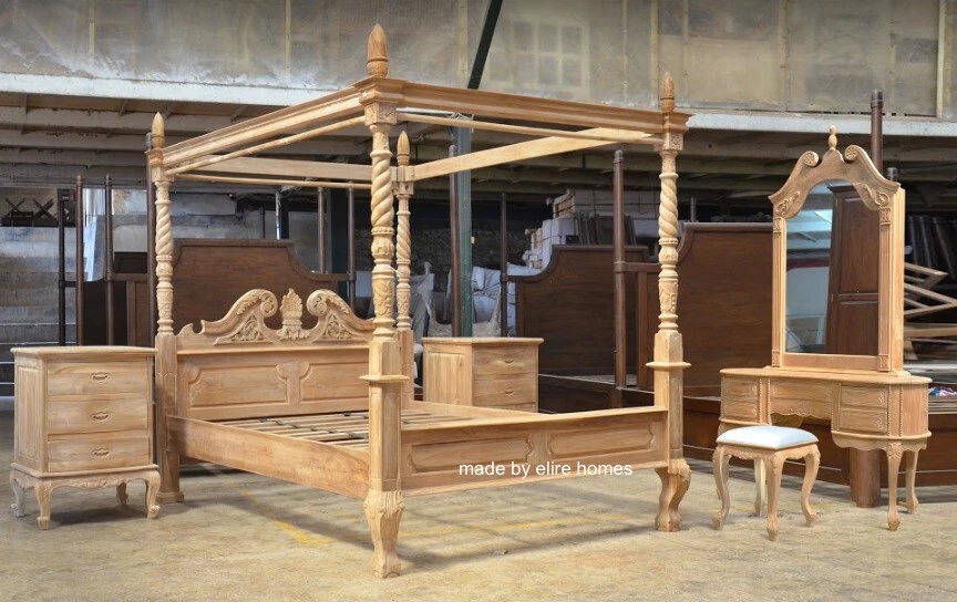 TEAK Wood french Queen Anne style Four poster bed set himmelbett