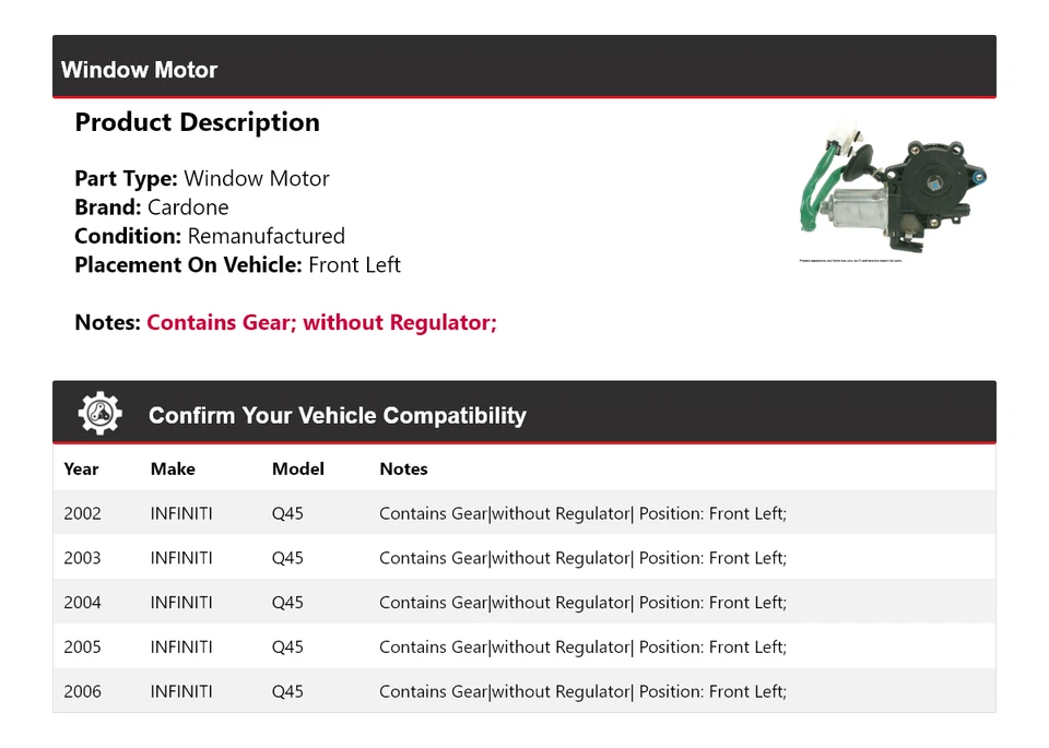 For 2002-2006 INFINITI Q45 Window Motor Front Left Cardone 2003 2004 2005 - Image 2 of 4