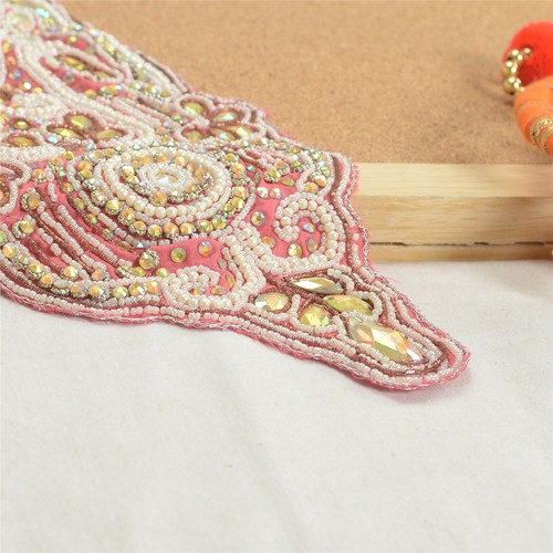 Sanskriti Vintage Pink Neck Patch Applique Yoke Hand Beaded 15"X9.5" Dress Decor - Picture 8 of 8