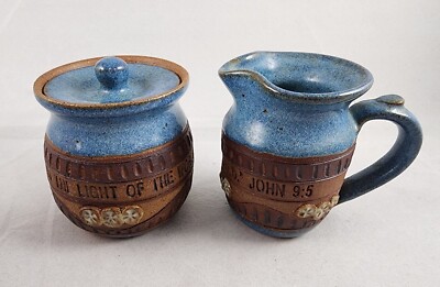 Down To Earth Pottery Stoneware Scripture Creamer and Sugar Set Blue Brown