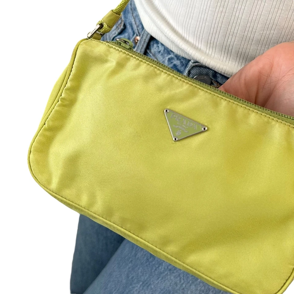 PRADA винтажный логотип Pochette мини наплечная сумка Дамская сумка зеленый серебро нейлона молнии - Изображение 4 из 4